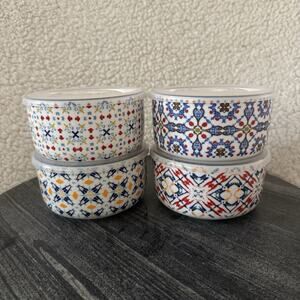 Set of 4 Signature Stoneware Bowls w/Vented Lids Colorful Boho Gypsy Mosaic Deco